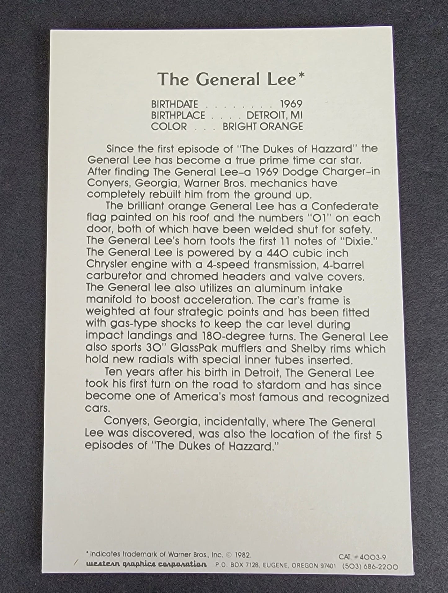 TV STAR PACKS Celebrity Mini-Print, GENERAL LEE - 1982